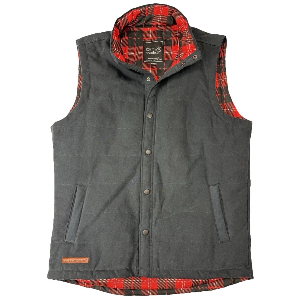 Simply Southern Quilted Navy Vest With Red Plaid Lining; Snap Closure Size M